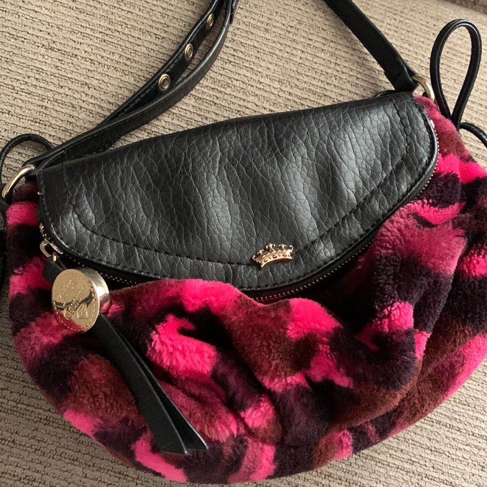 Juicy Couture Black Leather & Pink Camouflage Faux Fur Crossbody Bag